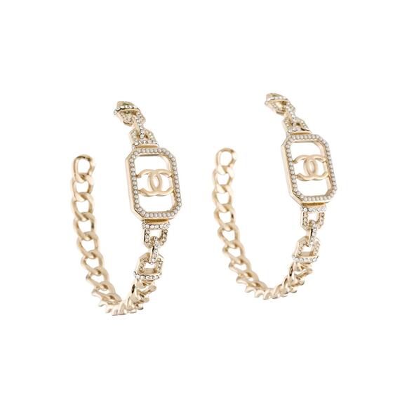 Chanel Gold-tone Faux Pearl Strass CC Hoop Earrings